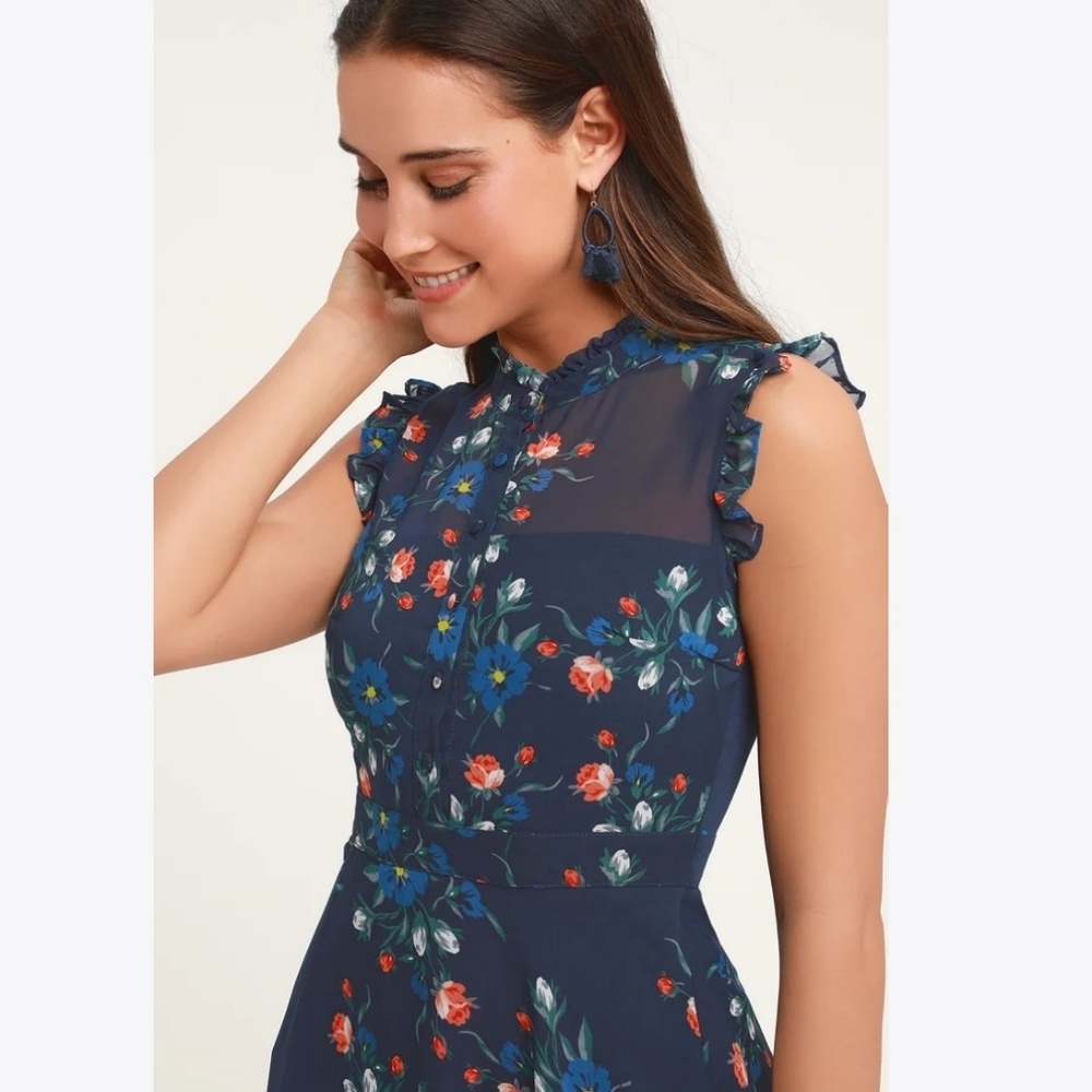 Lulus Blue Floral Button Front Ruffle Dress - Picture 2 of 7